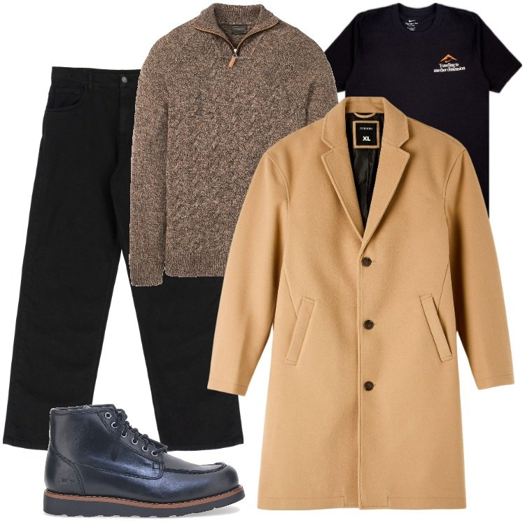 Outfit uomo - Tempo da Cappotto - Ottobre. Stile Urban per Ufficio. Abbinamento con maglieria, cappotti, pantaloni, t-shirt, stivali e stivaletti.
