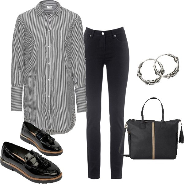 Outfit donna - Maxi camicia a righe. Stile Basic per Tutti i giorni. Abbinamento con jeans dritti, camicia lunga colletto classico bianco, mocassini, borsetta nero, orecchini argento.