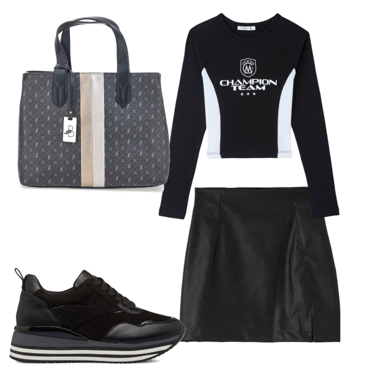 Outfit donna - Total look #1751808. Stile Sporty chic per Tutti i giorni. Abbinamento con t-shirt sportive, minigonne, sneakers, borse a mano.