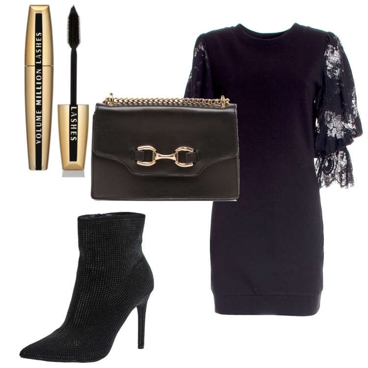 Outfit donna - Total look #1751813. Stile Trendy per Serata fuori. Abbinamento con mascara, stivaletti, vestiti, borse a tracolla.
