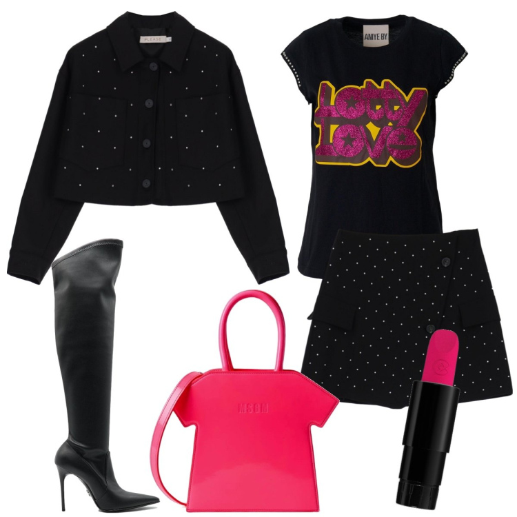 Outfit donna - Total look #1751820. Stile Rock per Serata fuori. Abbinamento con rossetti, giacche, minigonne, stivali, t-shirt, borse a mano.