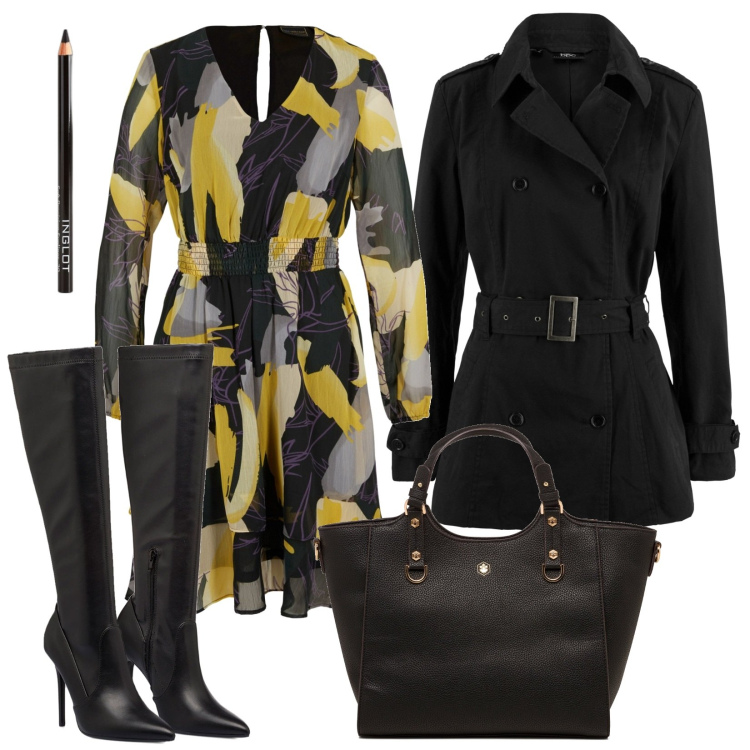 Outfit donna - curvy style. Stile Casual chic per Tutti i giorni. Abbinamento con trench, vestiti, eyeliner, stivali sopra il ginocchio, borse a mano.