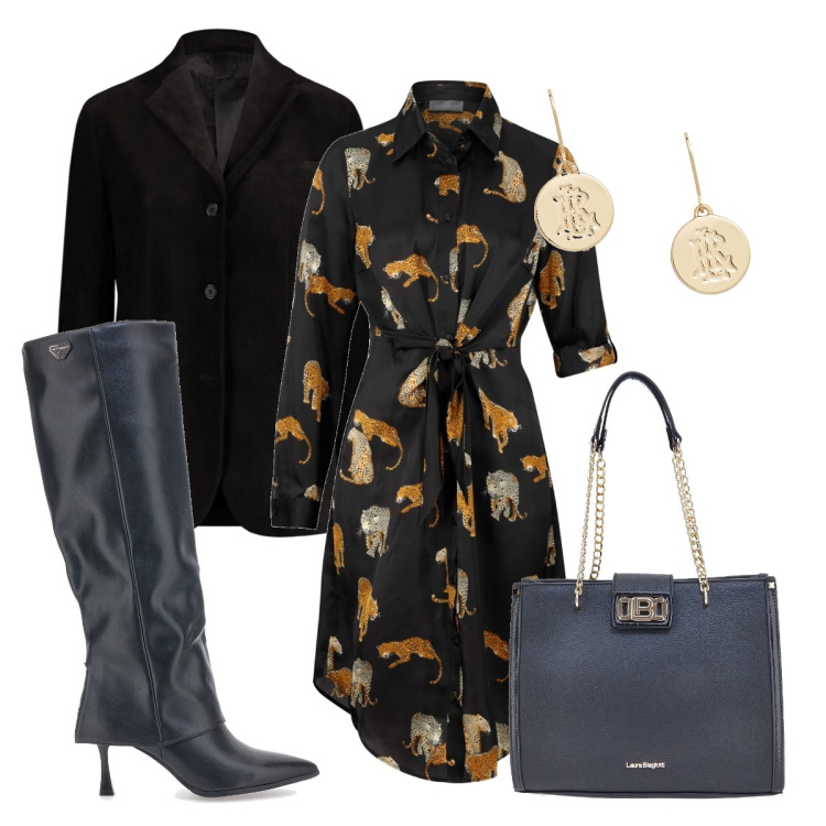 Outfit donna - Stivali con tacco. Stile Glamour per Serata fuori. Abbinamento con vestiti chemisier, orecchini, stivali sopra il ginocchio, borse a spalla, blazer.