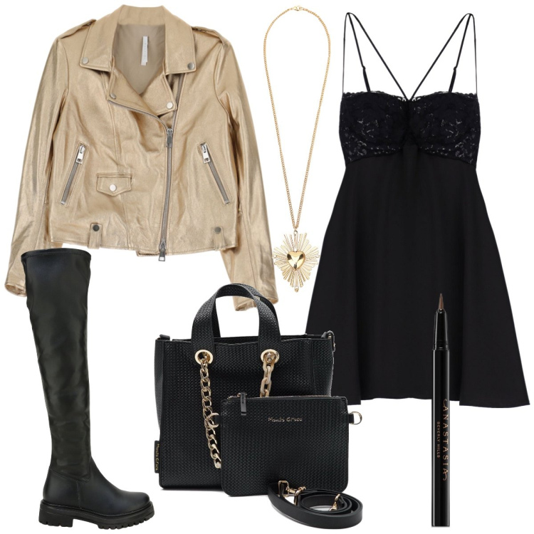 Outfit donna - Total look #1751825. Stile Rock per Serata fuori. Abbinamento con eyeliner, cappotti, vestiti corti, stivali sopra il ginocchio, ciondoli, borse a mano.