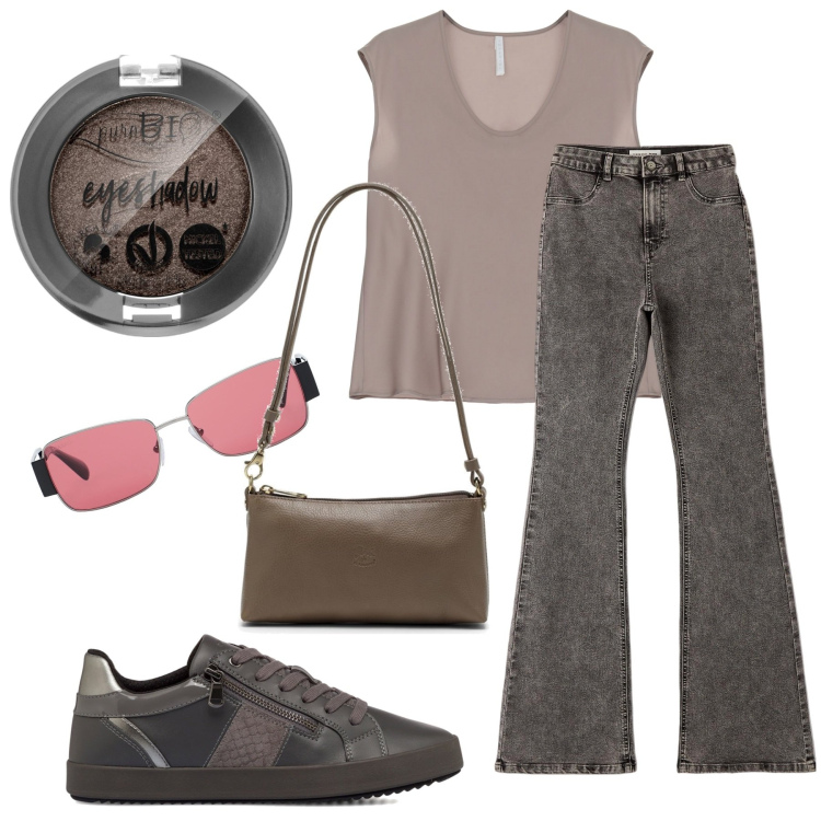 Outfit donna - Grigio e marrone. Stile 70s per Tutti i giorni. Abbinamento con occhiali da sole, ombretti, jeggings, canottiere, sneakers, borse a spalla.