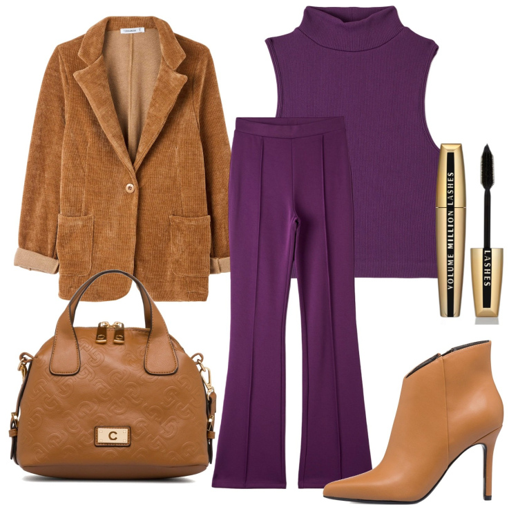 Outfit donna - brown & violet. Stile Casual per Tutti i giorni. Abbinamento con mascara, pantaloni, cappotti, top, stivaletti, borse a spalla.