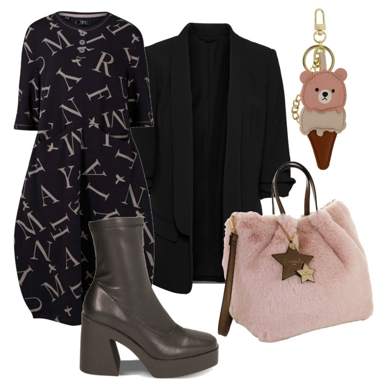 Outfit donna - Stivaletto tacco largo. Stile Glamour per Serata fuori. Abbinamento con blazer, vestiti midi/longuette, stivaletti, borse a mano, portachiavi.