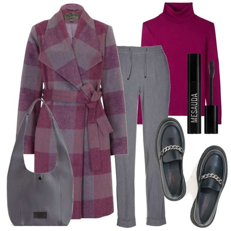 Outfit donna - il cappotto a quadri. Stile Casual per Cerimonia. Abbinamento con pantaloni, cappotti, mascara, t-shirt, borse a spalla, mocassini.