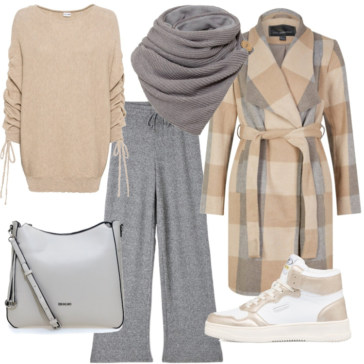 Outfit donna - sporty chic. Stile Sporty chic per Tutti i giorni. Abbinamento con foulard, cappotti, maglieria, pantaloni, sneakers alte, borse a tracolla.