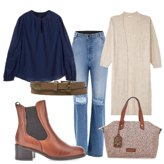 Outfit donna - Denim e cardigan lungo. Stile Casual per Tutti i giorni. Abbinamento con tuniche, cardigans, jeans strappati, cinture, stivaletti chelsea, borse a mano.