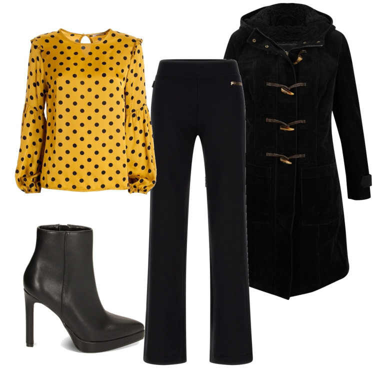Outfit donna - Autunno. Abbinamento con montgomery, bluse, stivaletti, pantaloni a palazzo.