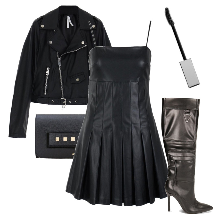 Outfit donna - Rock’n’Roll style. Stile Rock per Serata fuori. Abbinamento con mascara, cappotti, pochette, stivali sopra il ginocchio, vestiti.