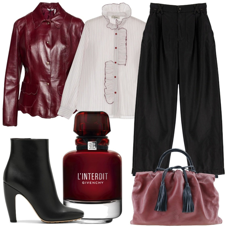 Outfit donna - Rosso Imperiale. Stile Chic per Serata fuori. Abbinamento con giacche, borse a mano, profumi, camicie, pantaloni capri, stivaletti.