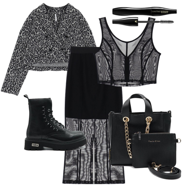 Outfit donna - Rock’n’roll con trasparenze. Stile Rock per Serata fuori. Abbinamento con mascara, blazer, top, gonne longuette, anfibi, borse a mano.