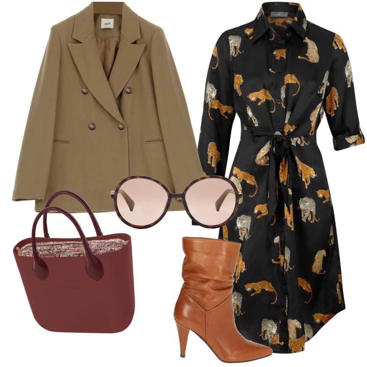 Outfit donna - Signora. Stile Bon Ton per Ufficio. Abbinamento con vestiti chemisier, occhiali da sole, stivaletti, giacche, borse a spalla.