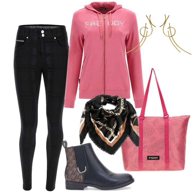 Outfit donna - Stivaletti i must-have del momento. Stile Sporty chic per Tutti i giorni. Abbinamento con foulard, pantaloni skinny, felpe con cappuccio, borse tote, stivaletti chelsea, orecchini.