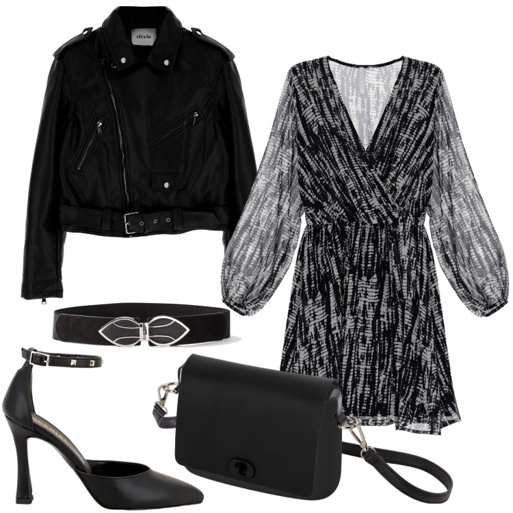 Outfit donna - Rock chic. Stile Rock per Serata fuori. Abbinamento con cinture, vestiti corti, décolleté, cappotti, borse a spalla.