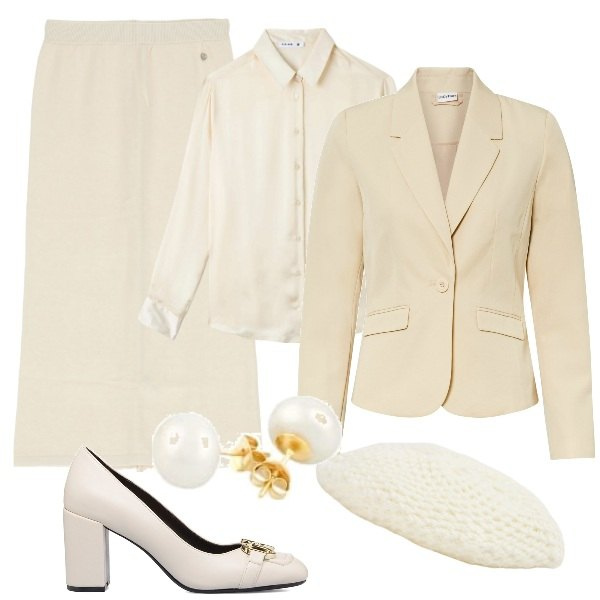 Outfit donna - Color burro il nuovo bianco. Stile Vintage retrò per Cerimonia. Abbinamento con blazer, camicie, cappelli e berretti, gonne longuette, décolleté, orecchini.