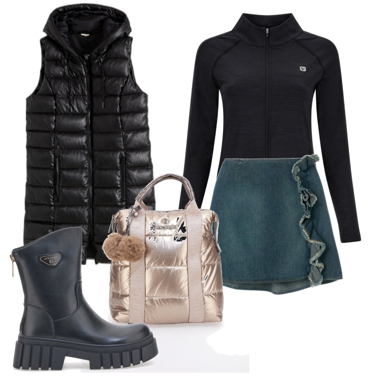 Outfit donna - All\'università. Stile Casual per Scuola/Università. Abbinamento con gilet, minigonne, felpe sportive, stivaletti, zaini.