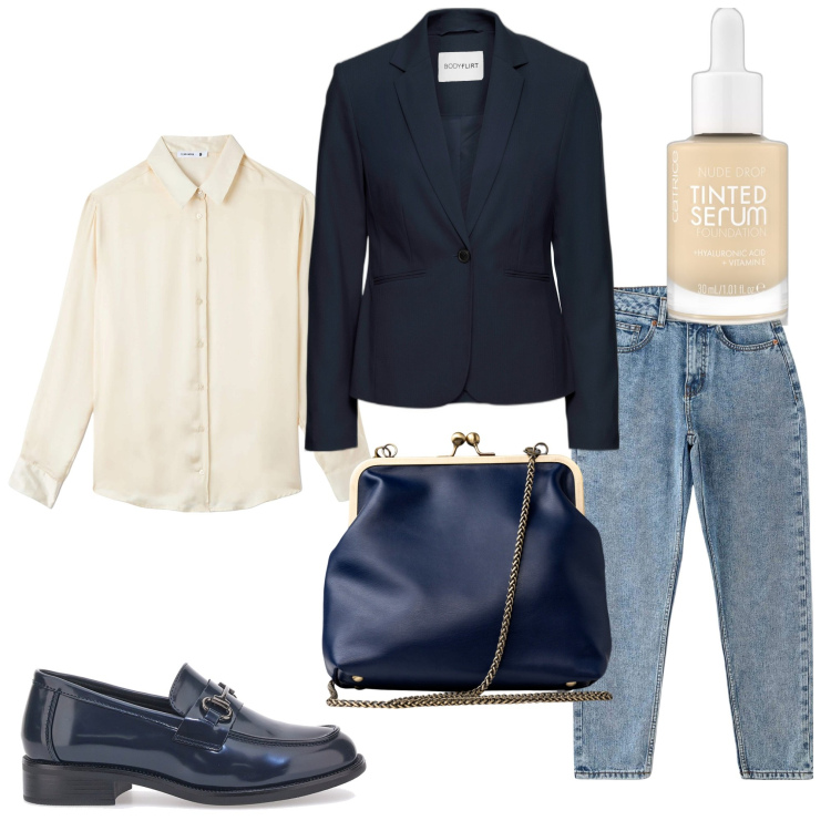 Outfit donna - Total look #1752021. Stile Casual chic per Tutti i giorni. Abbinamento con blazer, fondotinta, camicie, jeans mom, mocassini, clutch.