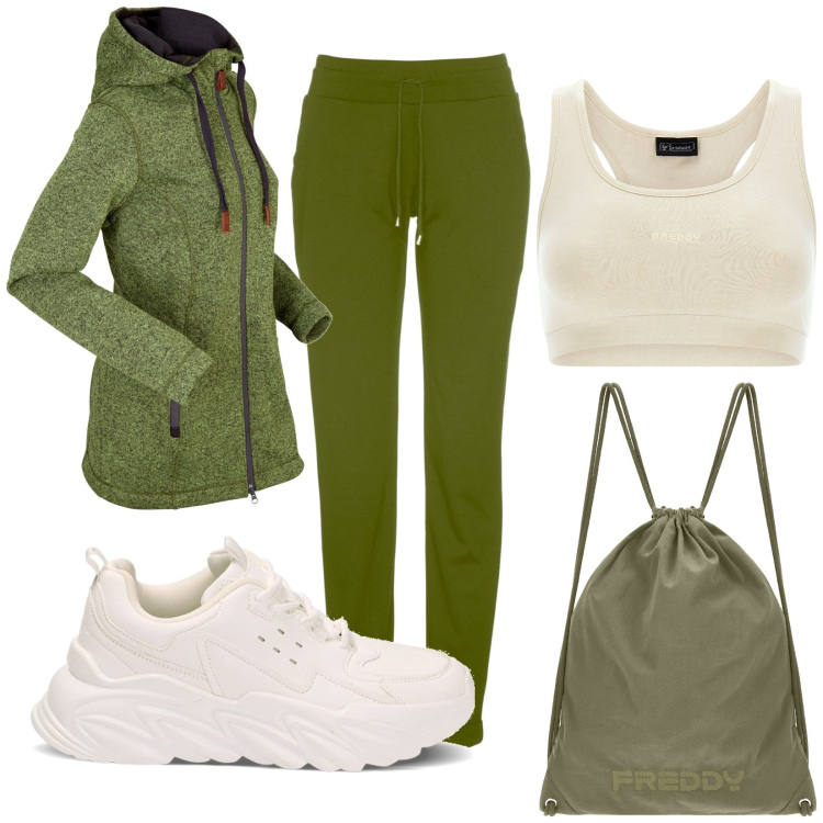 Outfit donna - Jogging. Stile Sporty chic per Sport. Abbinamento con pantaloni, blazer, sneakers, zaini, top.