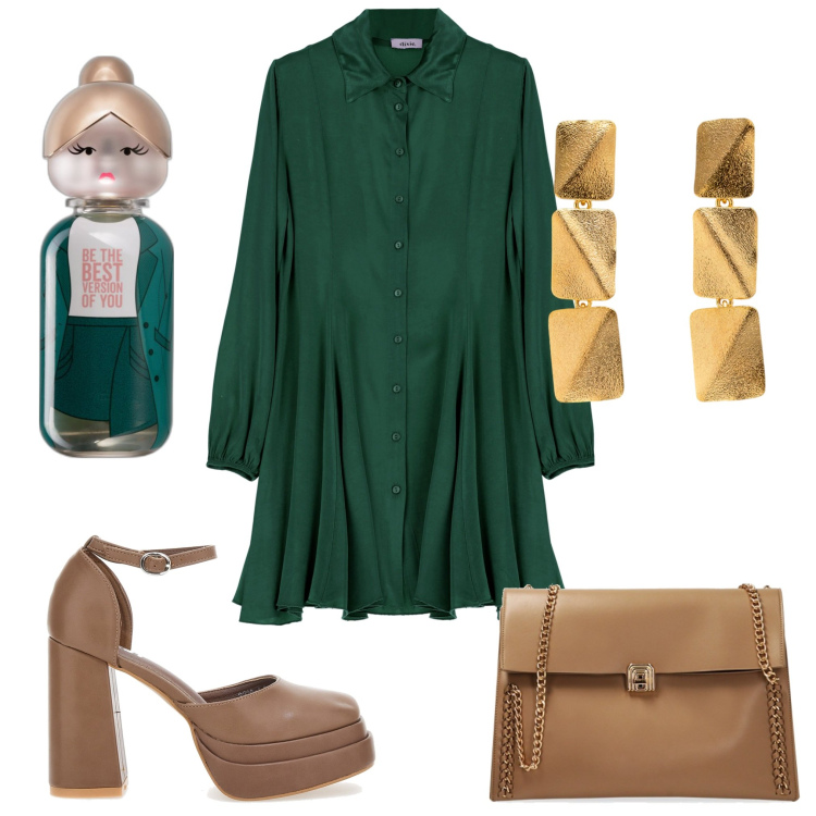 Outfit donna - Apericena. Stile Trendy per Tutti i giorni. Abbinamento con profumi, borse a spalla, vestiti chemisier, décolleté, orecchini.