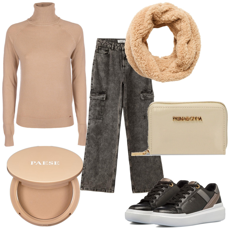 Outfit donna - Total look #1752044. Stile Urban per Tutti i giorni. Abbinamento con ciprie, jeans, sciarpe, maglieria, portafogli, sneakers alte.
