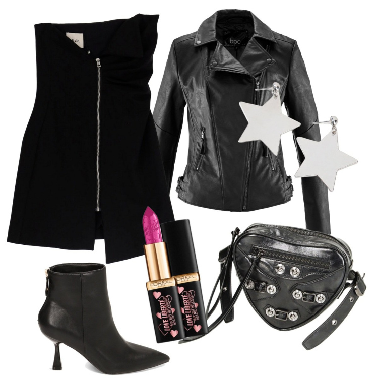 Outfit donna - Non sono una signora.... Stile Rock per Serata fuori. Abbinamento con blazer, rossetti, vestiti corti, orecchini, stivaletti, borse a tracolla.