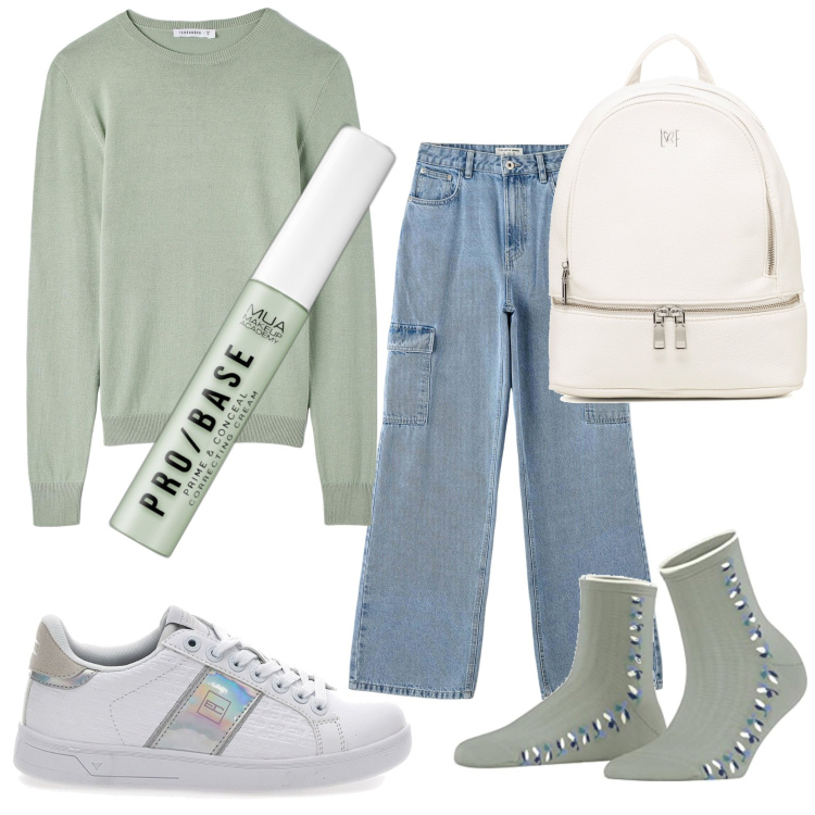 Outfit donna - Total look #1752047. Stile Urban per Scuola/Università. Abbinamento con correttori, maglieria, jeans, zaini, calzini, sneakers.