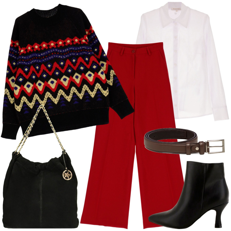 Outfit donna - Il maglione caldo. Stile Casual chic per Tutti i giorni. Abbinamento con camicie, pantaloni a palazzo, stivaletti, borse a spalla, maglieria, cinture.