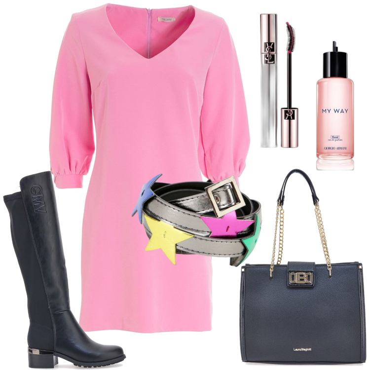 Outfit donna - Pronta e via. Stile Trendy per Serata fuori. Abbinamento con mascara, profumi, vestiti, cinture, stivali sopra il ginocchio, borse a spalla.