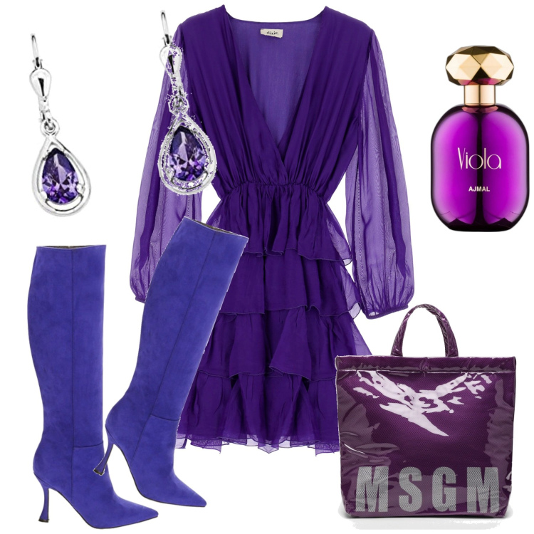 Outfit donna - Stivali viola a teatro. Stile Glamour per Serata fuori. Abbinamento con profumi, stivali, vestiti corti, borse tote, orecchini.