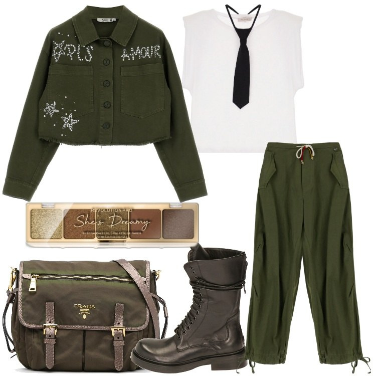 Outfit donna - Military con carattere. Stile Military per Tutti i giorni. Abbinamento con borse a tracolla, ombretti, t-shirt, blazer, anfibi, pantaloni cargo.