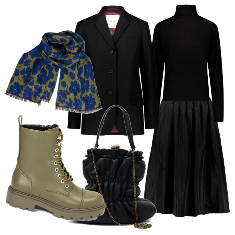 Outfit donna - Trixie. Stile Casual chic per Tutti i giorni. Abbinamento con anfibi, gonne lunghe, blazer, maglieria, borse a spalla, sciarpe.
