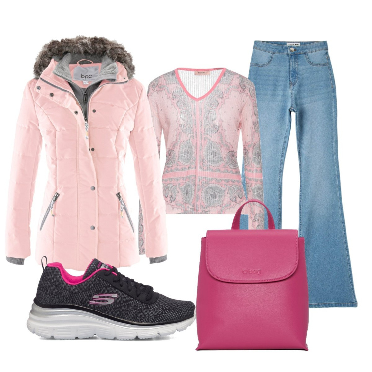 Outfit donna - L’elegante zainetto fuxia. Stile Casual chic per Scuola/Università. Abbinamento con piumini, pullovers, jeggings, sneakers, zaini.
