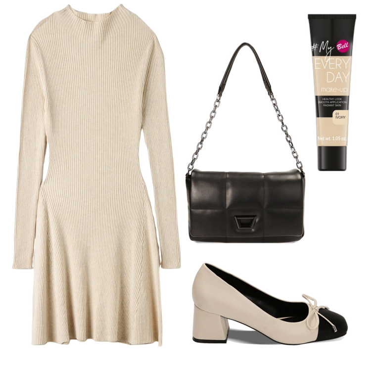 Outfit donna - Abito in maglia. Stile Bon Ton per Ufficio. Abbinamento con fondotinta, vestiti midi/longuette, borse a tracolla, décolleté.