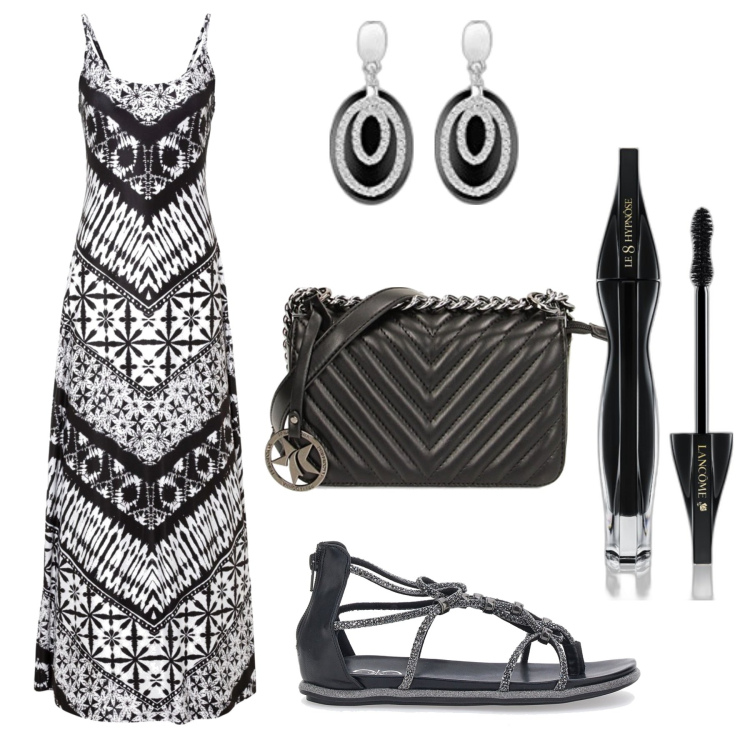 Outfit donna - Total look #1752109. Stile Etnico per Serata fuori. Abbinamento con vestiti lunghi, mascara, borse a tracolla, orecchini, sandali.