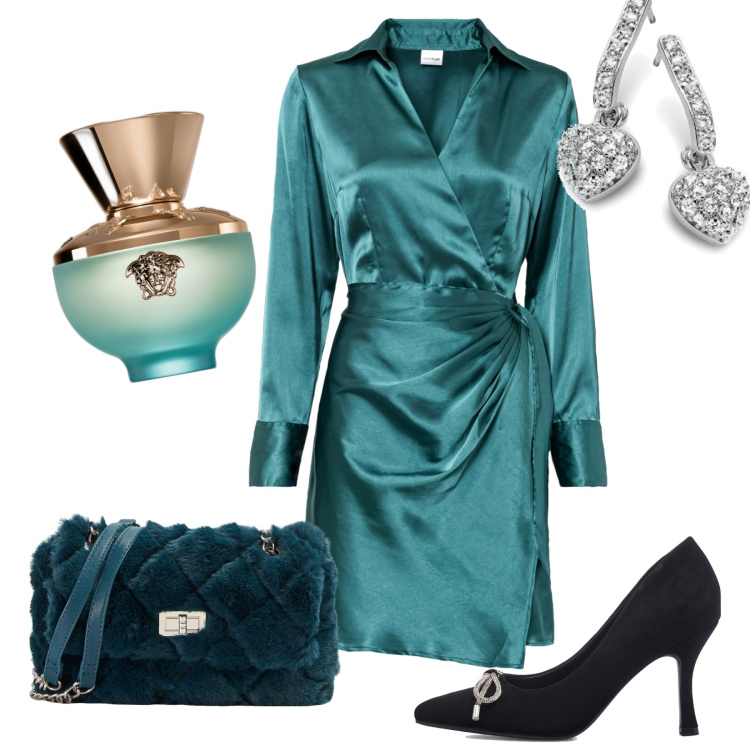 Outfit donna - Serata. Stile Chic per Serata fuori. Abbinamento con vestiti, profumi, borse a spalla, décolleté, orecchini.