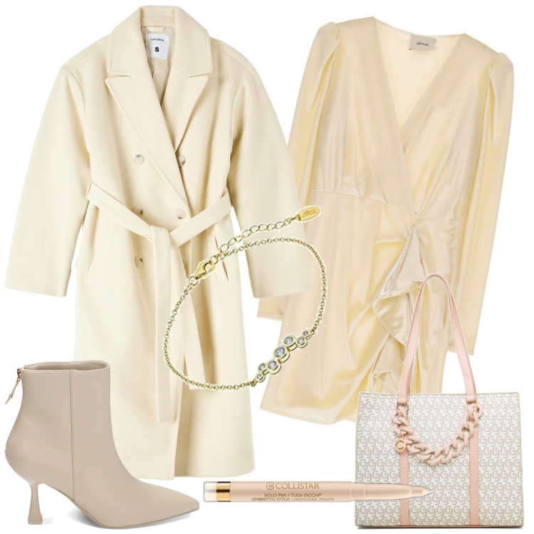 Outfit donna - Candido autunno. Stile Chic per Tutti i giorni. Abbinamento con ombretti, cappotti, stivaletti, vestiti corti, borse a spalla, braccialetti.