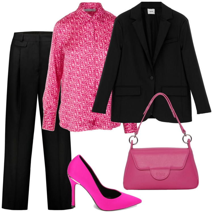 Outfit donna - Fucsia. Stile Casual chic per Serata fuori. Abbinamento con décolleté, giacche, pantaloni, borse a spalla, camicie.