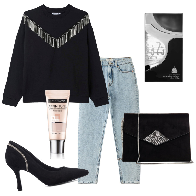 Outfit donna - Total look #1752142. Stile Rock per Serata fuori. Abbinamento con fondotinta, profumi, felpe, jeans mom, pochette, décolleté.