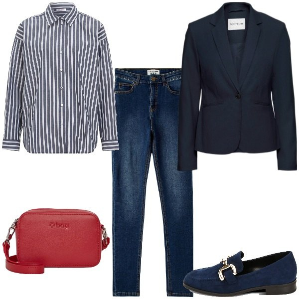 Outfit donna - O Bag Milano. Stile Mannish per Tutti i giorni. Abbinamento con blazer, camicie, jeans skinny, mocassini, borse a tracolla.