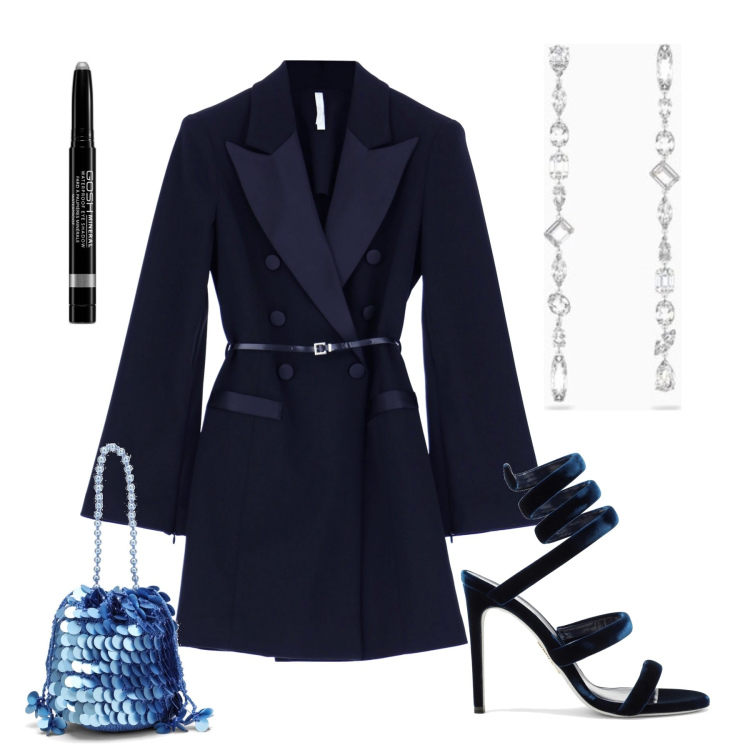 Outfit donna - Blu profondo. Stile Glamour per Serata fuori. Abbinamento con ombretti, vestiti corti, sandali col tacco, valigie, orecchini.