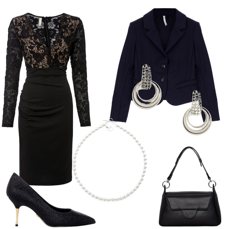 Outfit donna - Serata fuori ( donna curvy. Stile Glamour per Serata fuori. Abbinamento con vestiti, décolleté, cappotti, collane, orecchini, borse a spalla.