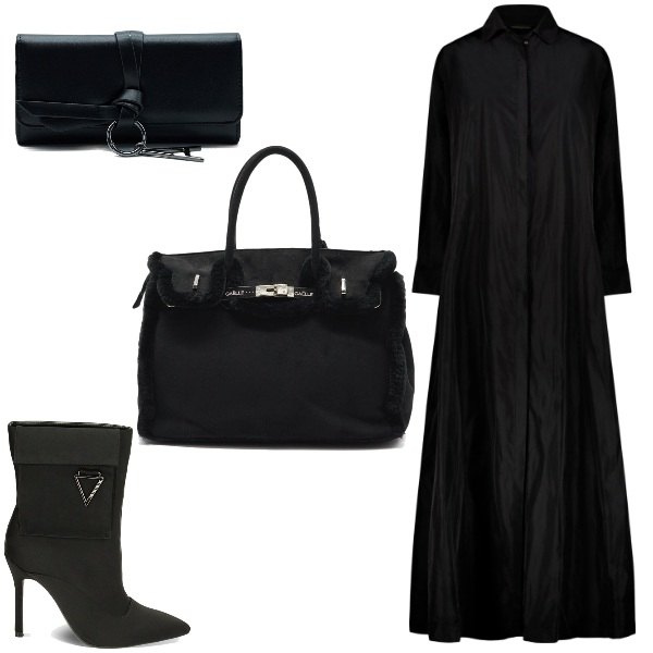 Outfit donna - Total Black Doppelganger e Primadonna. Stile Trendy per Tutti i giorni. Abbinamento con stivaletti, vestiti, borse a mano, portafogli.