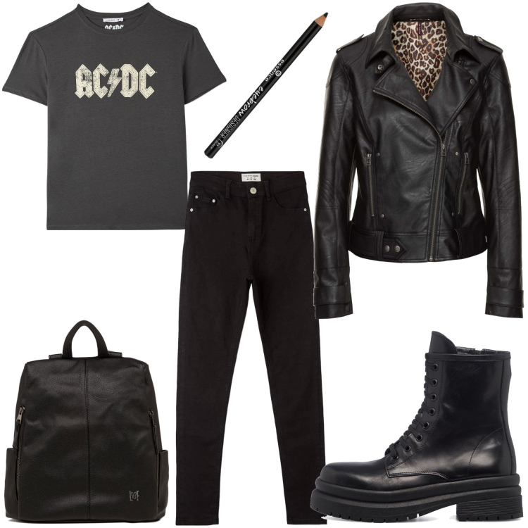 Outfit donna - AC-DC. Stile Rock per Tutti i giorni. Abbinamento con cappotti, eyeliner, jeans skinny, t-shirt, anfibi, zaini.