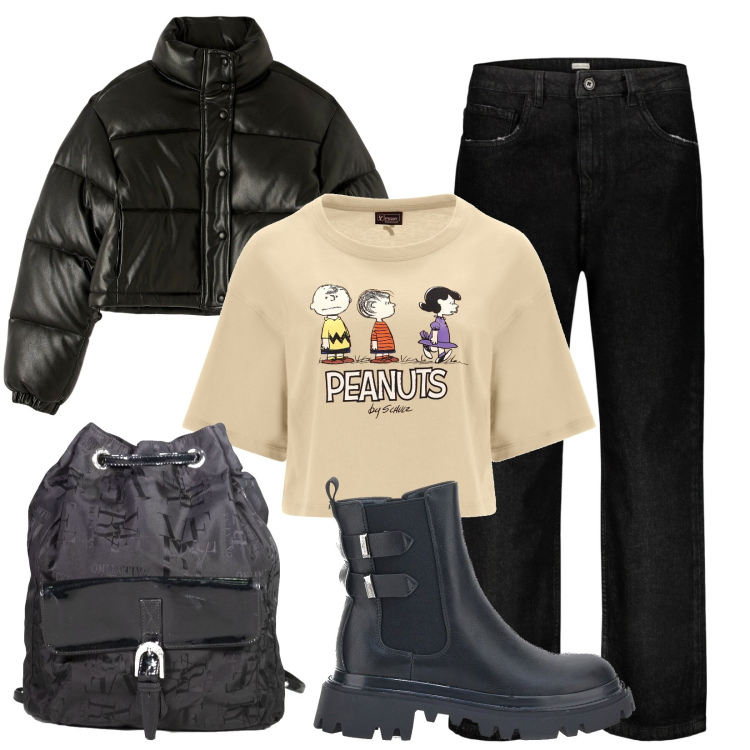 Outfit donna - Total look #1752196. Stile Urban per Scuola/Università. Abbinamento con zaini, piumini, t-shirt, stivaletti, jeans.