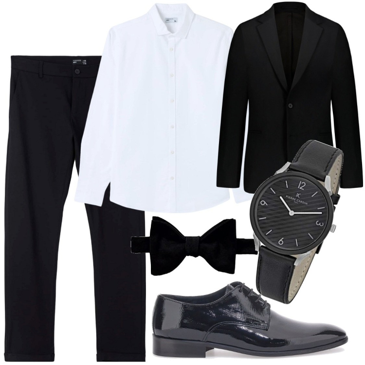 Outfit uomo - Nero, soirée. Stile Business/Elegante per Serata speciale. Abbinamento con abiti, camicie, pantaloni chino, papillon, scarpe stringate, orologi.