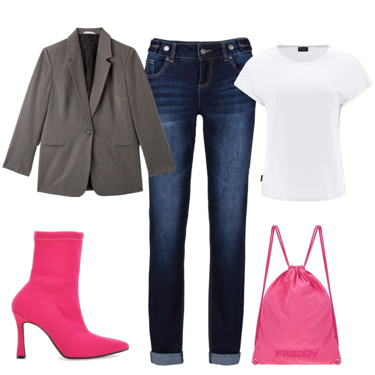 Outfit donna - Fuxia (veg ok). Stile Glamour per Tutti i giorni. Abbinamento con jeans boyfriend, blazer, t-shirt, zaini, stivaletti.