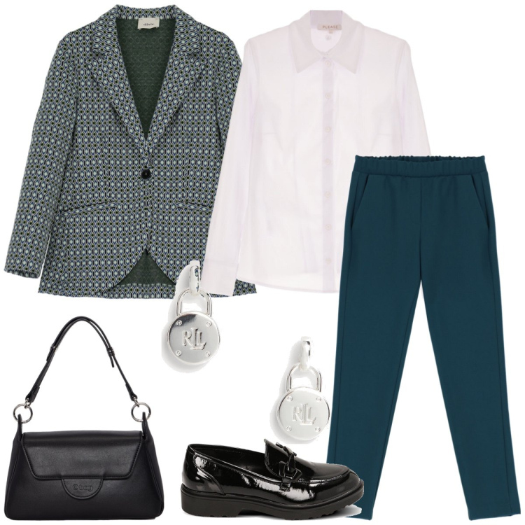 Outfit donna - Total look #1752216. Stile Mannish per Ufficio. Abbinamento con camicie, pantaloni, mocassini, blazer, orecchini, borse a spalla.